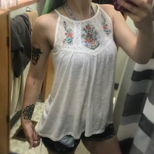 Flowy, flower embroidered, white tank top.